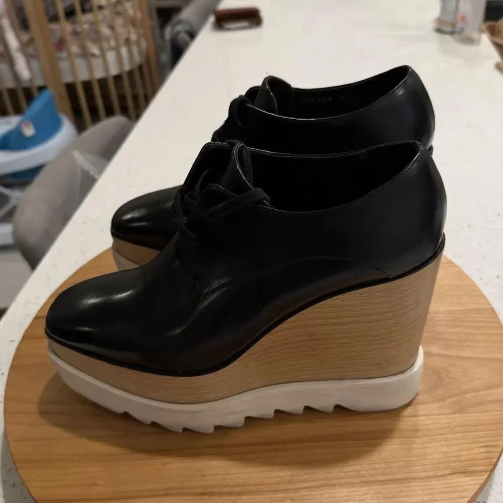 Stella McCartney Heels 7 Elyse Platform Wedge Square Toe Black Office Chic Italy